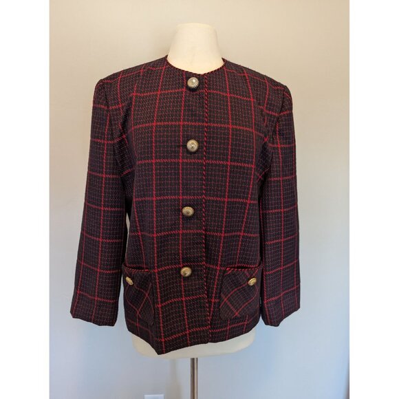 Heury Lee Jackets & Blazers - Vintage Blazer Jacket Women’s Black Red Plaid Wool Blend Lined Mature Luxury